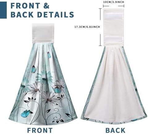 2 Pcs Teal Daisy Floral Hanging Kitchen Towels Turquoise Rustic Poppy Flower Butterfly Hand Towel with Hanging Loop Fast Drying Dish Washcloths Soft Absorbent Fingertip Bath Towel for Bathroom
