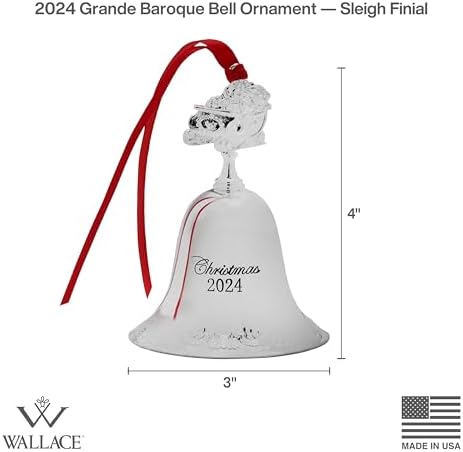 Wallace Grande Baroque Silver Plated Christmas Bell Ornament 2024-30th Anniversary Edition with Santa Sleigh Finial, Collectible Holiday Tree and Mantel Decor