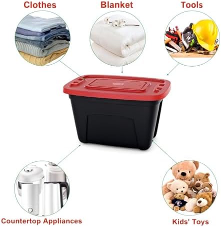 SIMPLYKLEEN 4-Pack Christmas Storage Bins with Lids - Made in USA 18-Gallon(72-Quart)Red Storage Totes,Holiday Organizer,Plastic Stackable Large Storage Boxes for Home,Office,Garage,Basement Red/Black