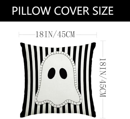 Halloween Decor Pillow Covers 18x18 Inch,Set of 4 Halloween Decorations Outdoor Indoor Throw Pillow Covers, Hey Boo Cute Spooky Ghost Black Striped Linen Cushion Case for Home Sofa Couch Bed Chair