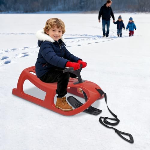 Snow Racer Sled, Ski Sled Slider Board with Steering Wheel,Single Rider Winter Sleigh Toboggan with Pull Rope, Snow Bike for Kids Age 3-15, Outdoor Snowmobile Racer 220lbs