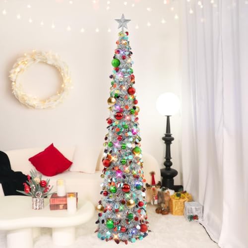N&T NIETING Pop Up Christmas Tree with Lights, Collapsible Tinsel Xmas Tree Decorations, Pencil Christmas Tree Skinny Tree for Holiday Xmas Home Office Decor, 40 Balls, 6Ft, Silver