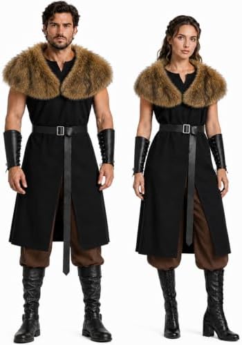 Adult Viking Costume for Men with Renaissance Tunic and Faux Fur Shawl