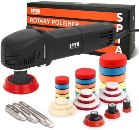 SPTA Mini Polishing Machine Buffer Rotary Polisher Auto Detailing Superpolish with 27Pcs Detail Polishing Pad Mix Size Kit Buffing Pad and 75mm ,100mm,140mm M14 Thread Extension shaft