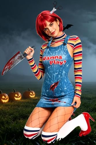 【6 Sizes】 Halloween Chucky Costume for Women Sexy Bolero Top Overall Bodysuit Wig Socks Scar Tattoos Prop Knife
