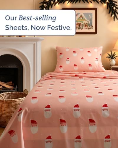 Christmas Sheet Set, Blush Santas, Holiday Xmas Bedding Set - Twin XL Size