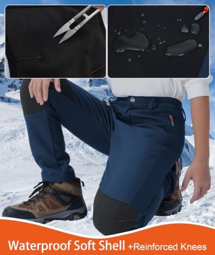 Boys Snow Pants Kids Fleece Lined Thermal Winter Hiking Pants Waterproof Softshell Elastic Waist Outdoor Cold Weather