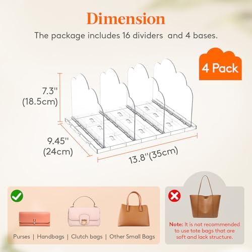 Lifewit Purse Organizer for Closet, Adjustable Clear Handbag Shelf Dividers