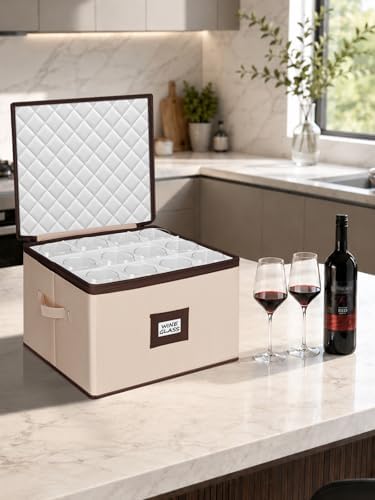 punemi Wine Glass Storage Box, 2-Pack Hard Shell Case with Padded Dividers