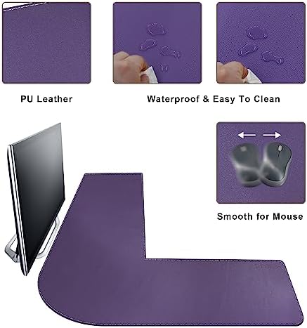 Mydours L-Shape Desk Pad, (38"+38") x13 Large PU Leather Corner Mat, Purple