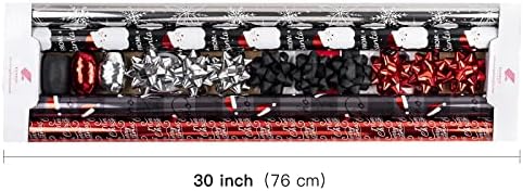 WRAPAHOLIC Christmas Wrapping Paper Set - Black Red Santa and Snowflake Holiday Collection with Metallic Foil Shine Wrapping Paper Bundle with Gift Bow & Ribbon & Tag & Sticker