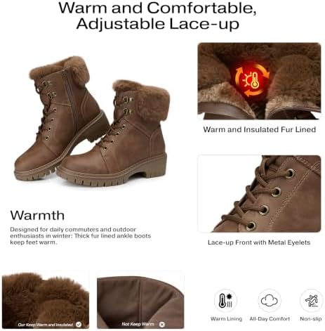 TEMOFON Ankle Boots for Women Winter: Comfortable Lace-up Combat Boot Warm