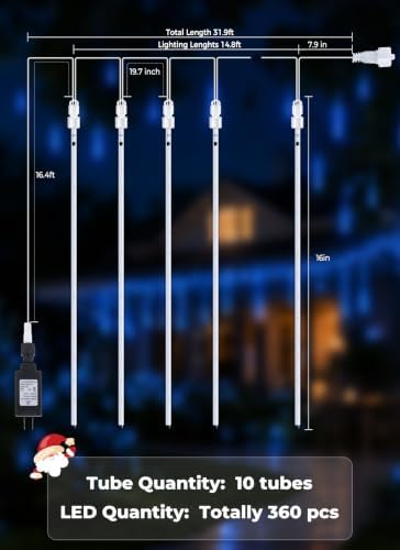 Meteor Shower Lights Outdoor,16 Inch 10 Tube 360 LED Icicle Christmas Light