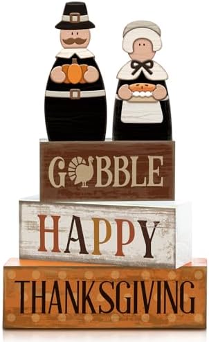 Lineshading 4 Pcs Thanksgiving Table Decor, Wooden Pilgrim Couple Sign Set