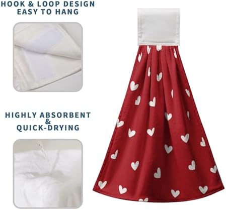Valentine's Day Kitchen Hanging Towels Red Love Hearts Hand Tie Towels Set of 2 Valentines Dish Drying Towels with Hanging Loop Soft Absorbent Fingertip Bath Towel for Anniversary Wedding Home Decor