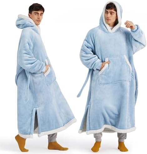 Bedsure Wearable Blanket Hoodie, Long Hooded Blanket Sweatshirt as Christmas Birthday Gifts for Men, Cozy Sherpa Hoodie for Adult, Oversize, Sky Blue