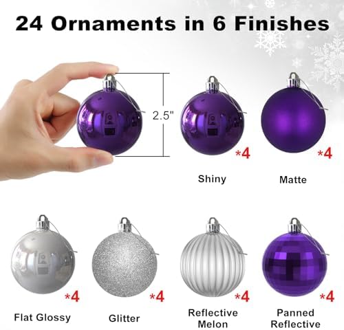 Purple & Silver 2.5" Christmas Balls Christmas Tree Decoration Ornaments Shatterproof Hanging Balls for Birthday Halloween Holiday Wedding Decorations Set of 24pcs