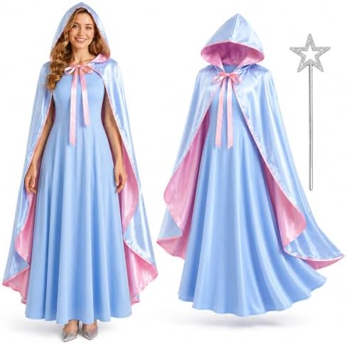 3PCS Fairy Godmother Costume Women Halloween Blue Hooded Cape Outfit