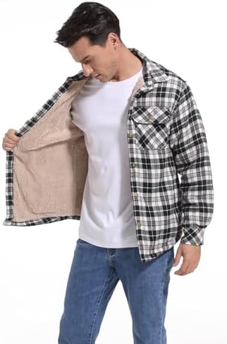Men's Sherpa Cotton Flannel Shirt Jacket Plaid Button Coat Pocket