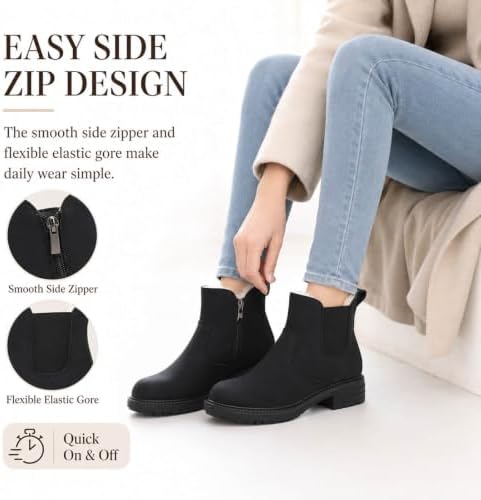 Womens Chelsea Boots Fur Lined Winter Ankle Boots Side Zip Round Toe