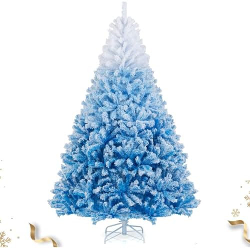 HAPPYGRILL 7 FT Flocked Christmas Tree Blue Hinged Xmas Tree with 1264 Branch Tips & Folding Metal Stand, Artificial Christmas Tree for Home Office Carnival
