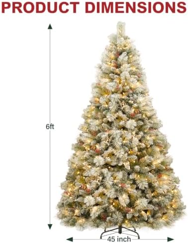 Hykolity 6 ft Prelit Snow Flocked Christmas Tree with 250 Warm White LED Lights, Artificial Christmas Pine Tree with Red Berries, 1032 Branch Tips, Metal Stand and Hinged Branches