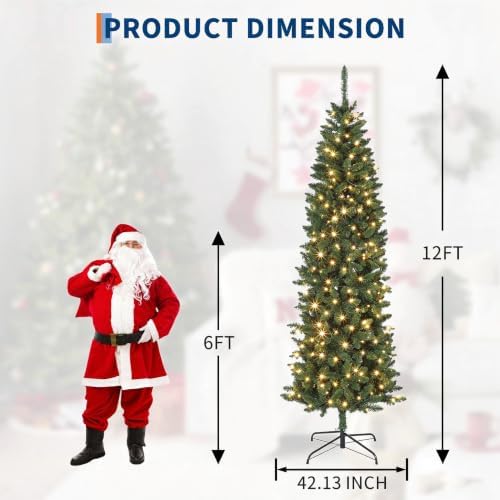 12 FT Pre-Lit Christmas Tree, Artificial Pencil Holiday Decoration with 700 LED Light & 2053 Tips, Metal Foldable Stand for Indoor Use, Green