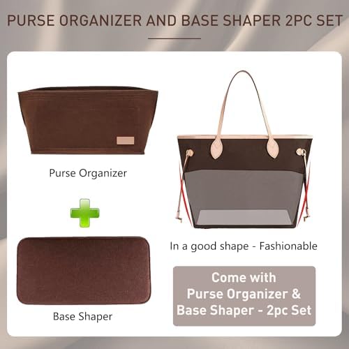Doxo Purse Organizer Insert for Handbags & Base Shaper 2pc Set, Felt Neverfull PM Organizer Insert, Tote Bag Organizer with Zipper Pocket and Bottle Holder, Fit Neverfull PM and More, Brown-M