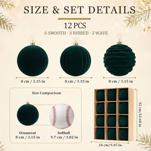 12Pcs Green Velvet Christmas Ornaments 3.15In Balls for Christmas Tree Deco