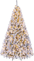 Happygrill 7.5FT Christmas Tree, Premium PVC Needles, 1010 Branch Tips, Pre-Lit Flocked Snow Hinged Pine Tree with Solid Metal Stand, 450 LED Lights, Ideal for Holiday Decoration, White