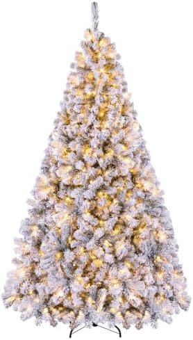 Happygrill 7.5FT Christmas Tree, Premium PVC Needles, 1010 Branch Tips, Pre-Lit Flocked Snow Hinged Pine Tree with Solid Metal Stand, 450 LED Lights, Ideal for Holiday Decoration, White