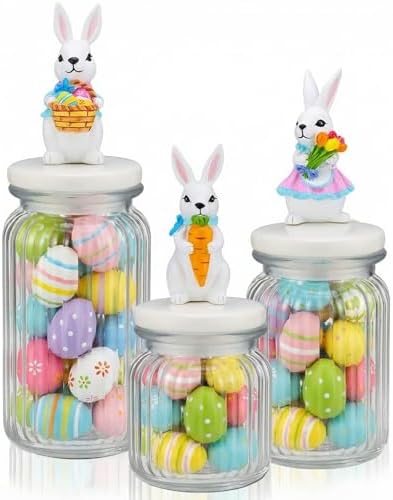Mimorou 3 Set Easter Cookie Jar with Ceramic Bunny Lid 44oz 33oz 22oz Glass Candy Jar Food Storage Canister with Airtight Lid for Easter Party Spring Tea Table Decoration