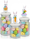 Mimorou 3 Set Easter Cookie Jar with Ceramic Bunny Lid 44oz 33oz 22oz Glass Candy Jar Food Storage Canister with Airtight Lid for Easter Party Spring Tea Table Decoration
