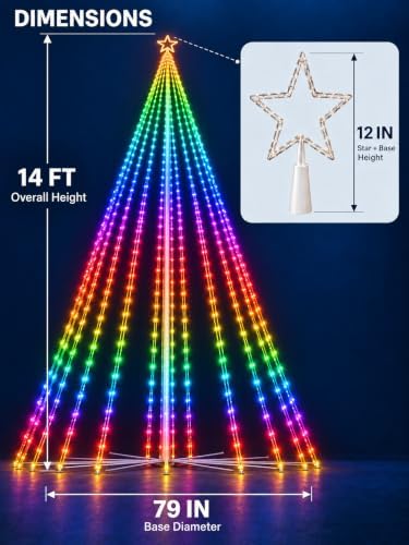 14FT 490 LEDs Smart RGB Outdoor Christmas Tree Cone Lights with Star