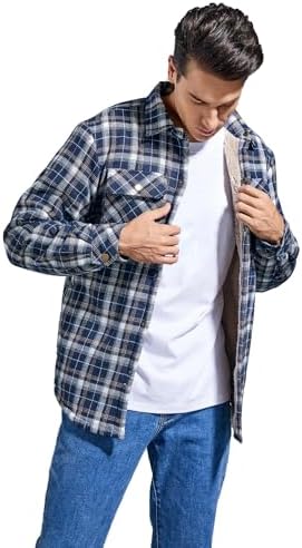 Men's Sherpa Cotton Flannel Shirt Jacket Plaid Button Coat Pocket