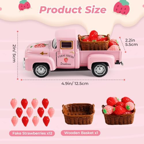 Strawberry Truck Decor, Pink Pickup Truck with Fake Strawberries, Rustic Farmhouse Tiered Tray Decor, Spring Country Kitchen Decorations for Home Office