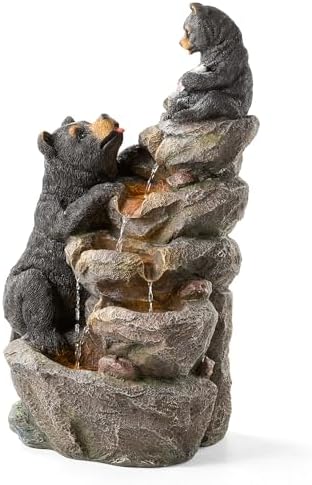 Glitzhome Water Fountain Outdoor, Outdoor Fountain with Lights & Pump, 30.5" H 4-Tiered Mom and Baby Bear Polyresin Cascading Waterfall Floor Standing Water Feature for Garden, Patio, Yard, Deck