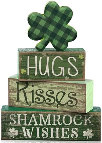Lineshading 4 Pcs Shamrock Wooden Block Signs for Tiered Tray Home Decor