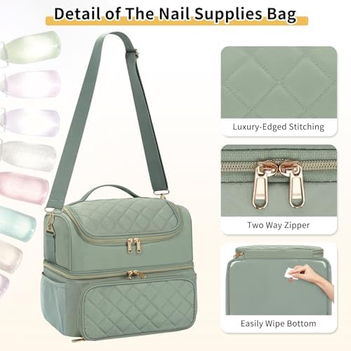 CUBETASTIC Nail Polish Organizer & Storage Bag for 48 Bottles & Full-Size Lamp, Double-Layer Travel Case Box for Nail Supplies, Manicure Kit & Pedicure Tools (Green, 48 Slots)