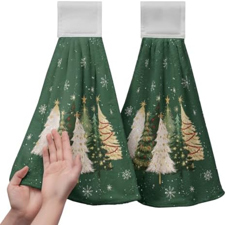 Green Christmas Hanging Dish Towels Xmas Tree Kitchen Towels with Hanging Loop Winter Holiday Hand Tie Towels Soft Absorbent Bath Towel for Bathroom Farmhouse Decor Set of 2