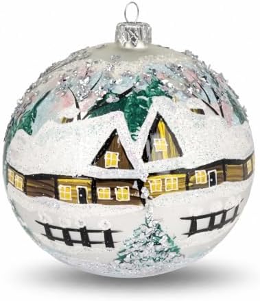 Hand Blown Glass Ball Christmas Ornament, 5 in, Cottage Houses White
