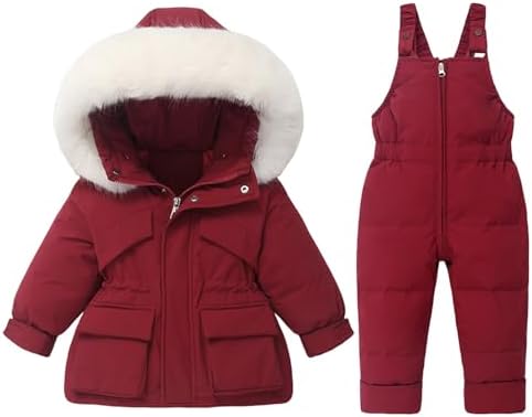 Toddler Boys Girls 2 Piece Snowsuit Waterproof Hooded Winter Coat Ski Bibs