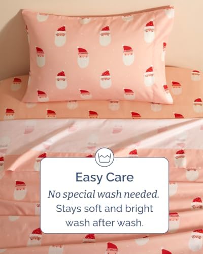 Christmas Sheet Set, Blush Santas, Holiday Xmas Bedding Set - Twin Size
