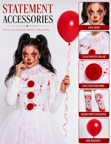 Women Halloween Scary Clown Costume with Bloody Tutu Dress and Face Gems