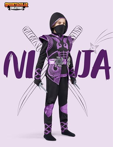 Spooktacular Creations Purple Ninja Costume Set, Ninja Jumpsuit with Foam Accessories for Kids, Toddler Halloween Outfit for Ideas Cosplay Party (Medium, 8-10 yrs)