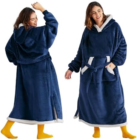 Bedsure Wearable Blanket Hoodie Women - Long Sherpa Fleece Hooded Blanket for Adult Women Men, Warm Cozy Blanket Sweatshirt with Giant Pocket and Belt, Winter Gifts for Girlfriend Mom, Standard, Navy