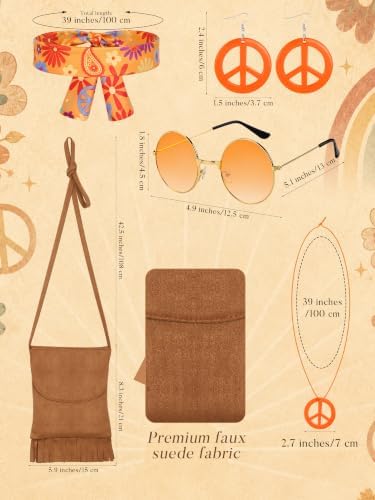 SOMSOC 7 Pieces 60s 70s Women Hippie Costume Fringe Vest Bag Pant Headband for Disco