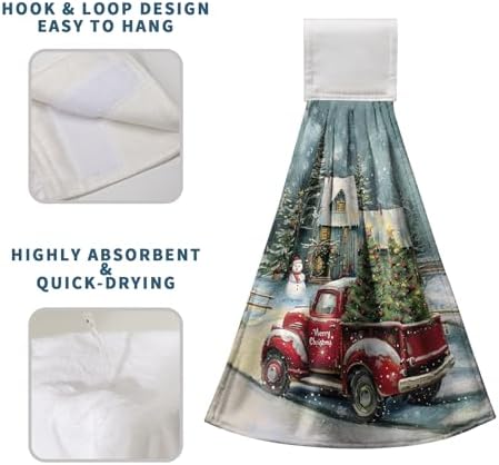 Christmas Red Truck Hanging Hand Towels Set of 2 Xmas Tree Snowman Farmhouse Kitchen Towels with Hanging Loop Winter Holiday Dish Tie Towel Soft Absorbent Guest Fingertip Bath Towel for Bathroom