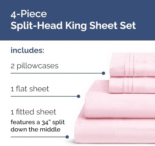 Flex Top Split Head King 4 Piece Sheet Set - Soft & Breathable - Light Pink