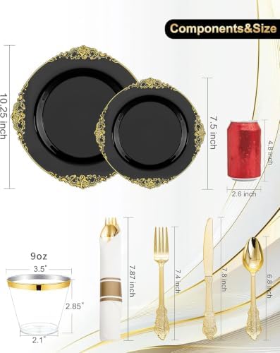Nervure 175Pcs Black Plastic Plates, Disposable Party Plates for 25 Guests